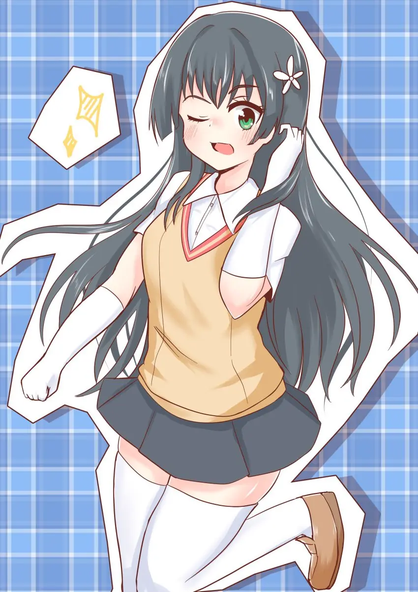 Image 1girls,female,female_only,long_hair,black_hair,gloves,flower_in_hair,green_eyes,one_eye_closed,stockings,teenager,teenage_girl,skirt,younger_female,shoes,cute_girl,to_aru_majutsu_no_index,to_aru_kagaku_no_railgun,saten_ruiko,shokuhou_misaki_(cosplay),tokiwadai_school_uniform