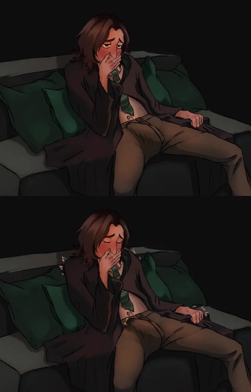 Image blush,long_hair,black_hair,male,shy,covering_face,blush_lines,younger_male,covering_mouth,cum_in_pants,erection_in_pants,harry_potter,severus_snape,simper_maximus,young_severus_snape