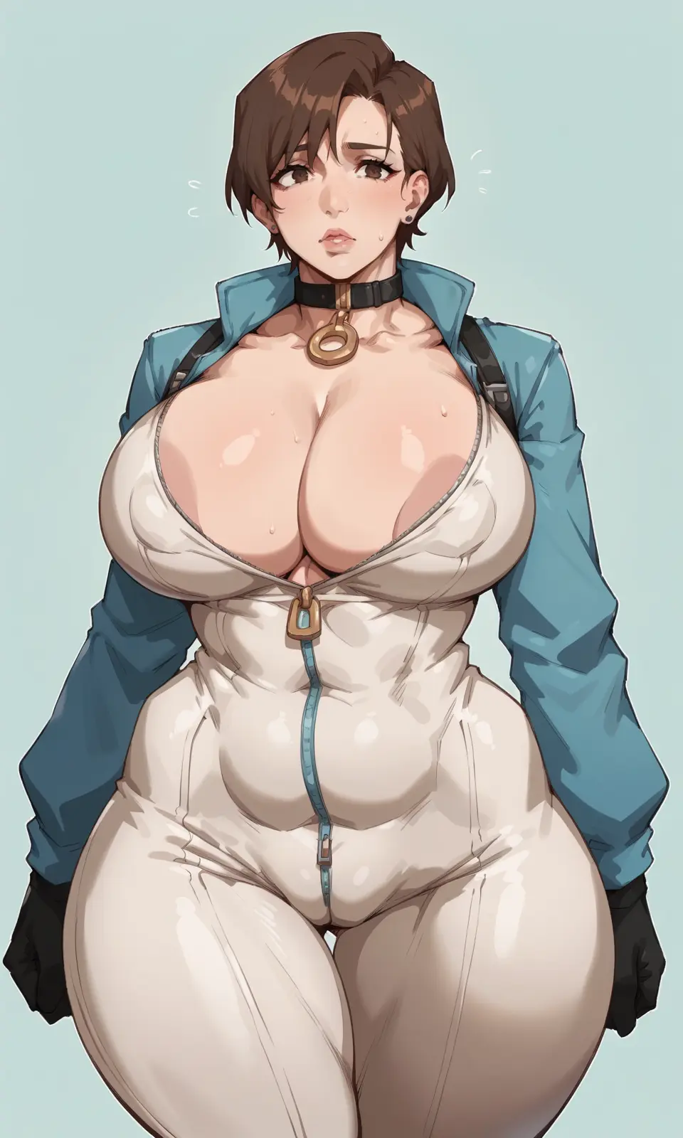 Image 1girls,brown_eyes,female,solo,gloves,short_hair,choker,ai_generated,thigh_gap,tagme,original,original_character,brown_hair,cameltoe,areola_slip,flying_sweatdrops,unzipped_bodysuit,unnamed_character,skintight_bodysuit,redchocobo