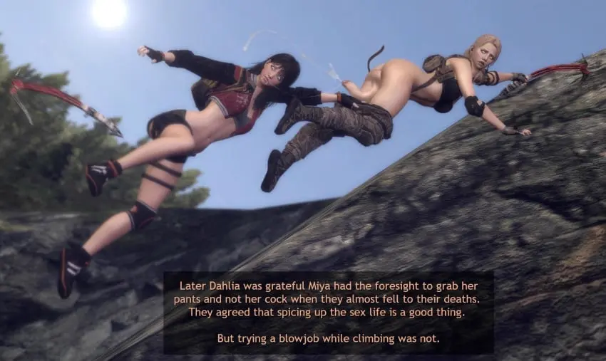 Image 1girls,female,black_hair,cum,penis,ass,1futa,futanari,intersex,balls,pants_down,text,blonde_hair,cock,looking_down,outdoors,cumming,text_box,backsack,trees,dahlia_(sudden_attack),miya_(sudden_attack),near_death,rastifan,rock_climbing,sudden_attack_2