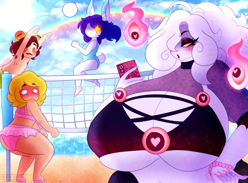 Image multiple_girls,bikini,beach,busty,ghost,volleyball,bloodberrybluu,breedingtoxic