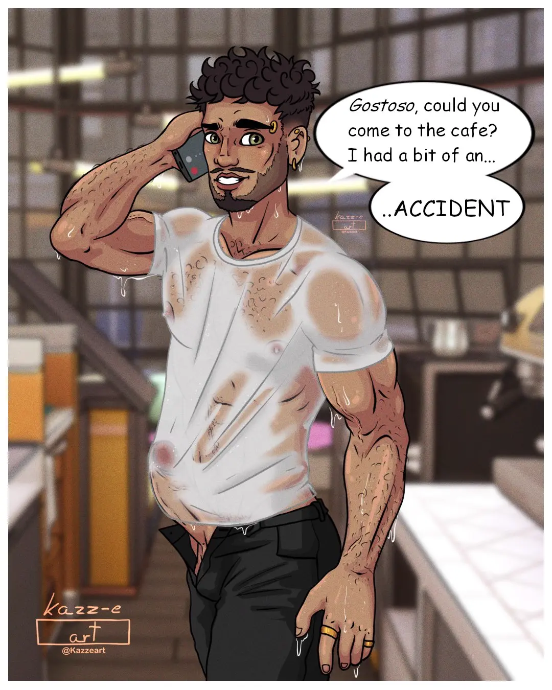 Image solo,1boy,male,penis,erection,muscular,muscular_male,male_only,piercing,green_eyes,wet,gay,dark_hair,ear_piercing,erect_penis,wet_body,solo_male,dripping,wet_clothes,wet_shirt,muscles,facial_hair,facial_piercing,veiny_arms,hairy_arms,kazz-e_art,marcos_(kazz-e_art)