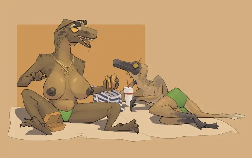 Image breasts,clothed,clothing,female,hi_res,open_mouth,male,duo,jewelry,eyewear,male/female,anthro,sunglasses_on_head,necklace,topless,reptile,scalie,towel,topless_female,swimwear,eyewear_on_head,sunglasses,topless_male,swimming_trunks,container,cup,dinosaur,eating,food,burger,theropod,tyrannosaurid,tyrannosauroid,tyrannosaurus,tyrannosaurus_rex,eating_food,topless_anthro,chewing,jayda_(zagz),jude_(zagz),ornithomimid,zagz