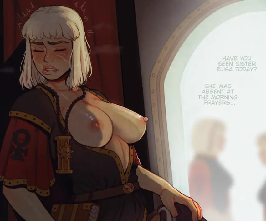 Image blush,breasts,breasts_out,female,female_only,highres,large_breasts,nipples,no_bra,standing,white_hair,multiple_girls,oral,short_hair,head_out_of_frame,multicolored_hair,biting_own_lip,jewelry,solo_focus,text,brown_hair,dialogue,yuri,capelet,red_capelet,streaked_hair,cunnilingus,english_text,scar,scars,blurry,blurry_background,warhammer_(franchise),warhammer_40k,armor,hand_on_another's_head,4girls,english_commentary,scar_on_face,against_wall,standing_cunnilingus,stealth_sex,imperium_of_man,pauldrons,pendant,adepta_sororitas,sister_of_battle,shoulder_armor,elzunix,multiple_scars,stealth_cunnilingus
