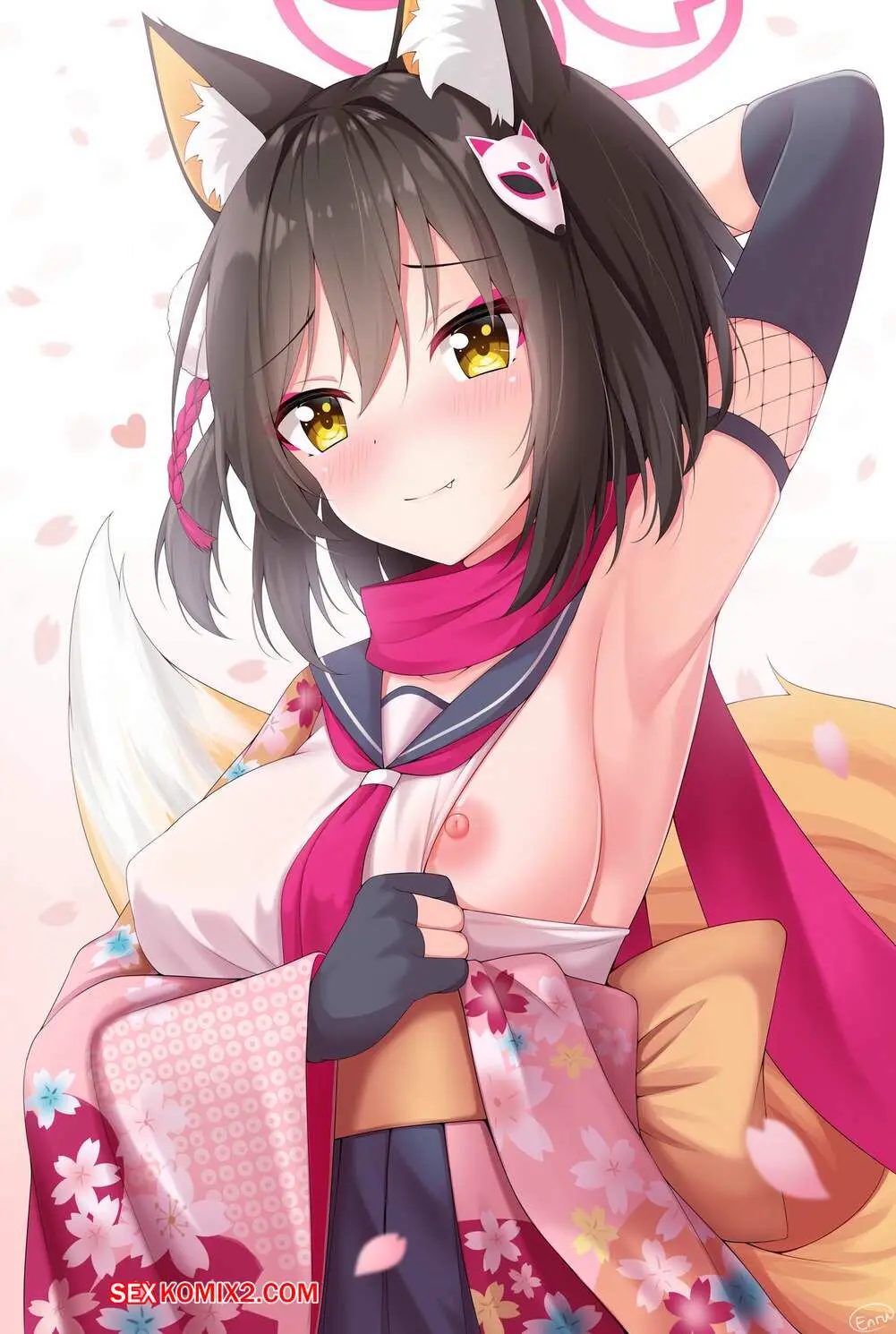 Image blush,breasts,female,hair_ornament,highres,nipples,smile,solo,animal_ears,gloves,tail,yellow_eyes,blue_archive,armpits,medium_breasts,halo,brown_hair,fox_ears,fox_girl,fox_tail,pink_halo,japanese_clothes,clothes_pull,izuna_(blue_archive),hayana_neru