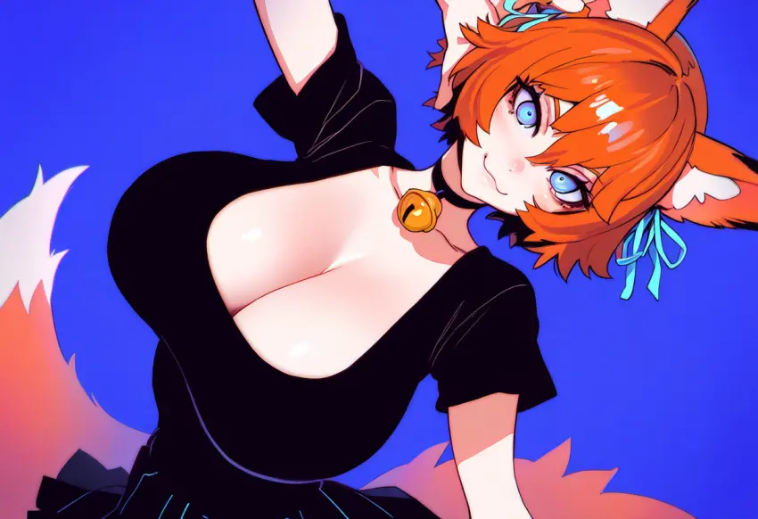 Image blush,breasts,female,looking_at_viewer,simple_background,animal_ears,blue_eyes,short_hair,ai_generated,cleavage,collarbone,orange_hair,huge_breasts,animal_tail,original_character,shoulder_length_hair,collar,skirt,:3,black_shirt,jingle_bell,arcadiasofka