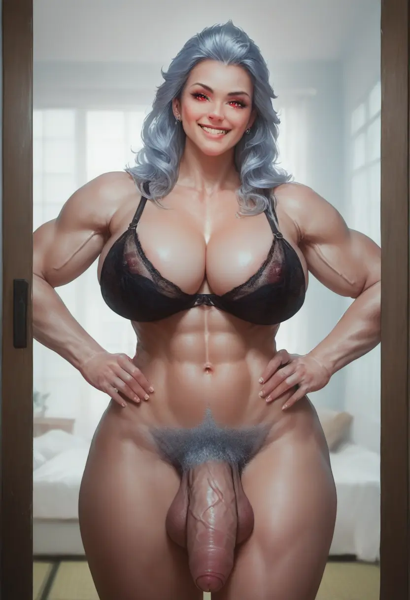 Image breasts,grey_hair,long_hair,looking_at_viewer,nipples,red_eyes,smile,solo,navel,penis,bra,earrings,thick_thighs,thighs,1futa,futanari,intersex,veins,muscular,ai_generated,cleavage,grin,jewelry,balls,huge_cock,huge_breasts,veiny_penis,testicles,futa_only,bed,pubic_hair,flaccid,biceps,bottomless,foreskin,uncircumcised,thick_penis,abs,muscular_futa,dorohedoro,noi_(dorohedoro),hands_on_hips,black_bra,obliques,babski326,tatami