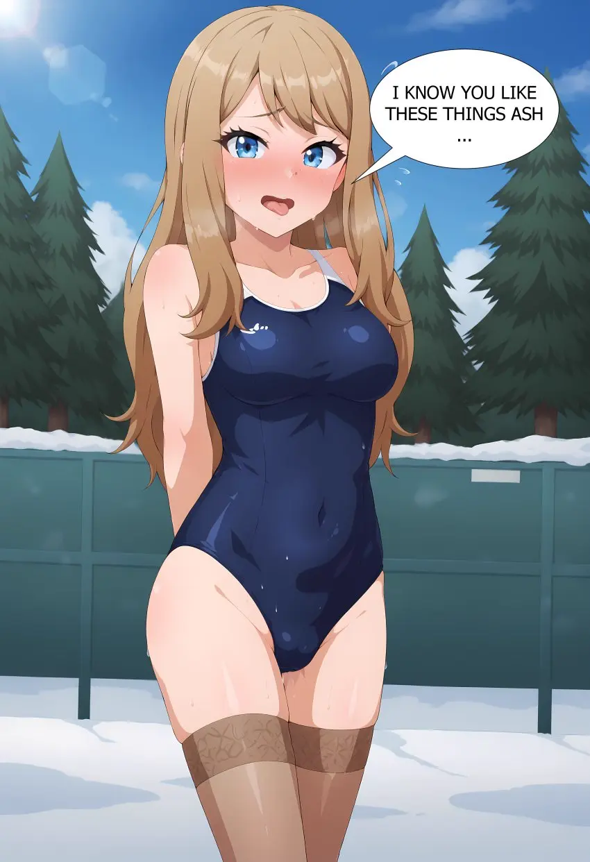 Image female,pokemon,ai_generated,2d,shiroppo,comic,swimwear,pokemon_xy,snow,winter,serena_(pokemon),serena_(pokemon_games),balloon,swimsui