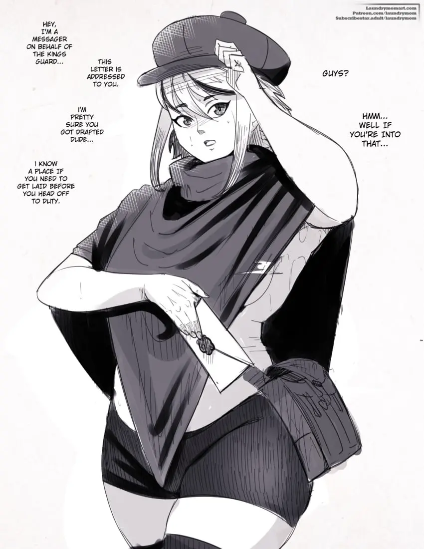 Image clothing,1boy,male,sweat,hat,thick_thighs,wide_hips,armpits,femboy,male_only,text,original,dialogue,shorts,sweaty_body,talking_to_viewer,sweaty_armpits,armpit_sweat,delivery_boy,ingram_(laundrymom),laundrymom,letter,messenger_bag