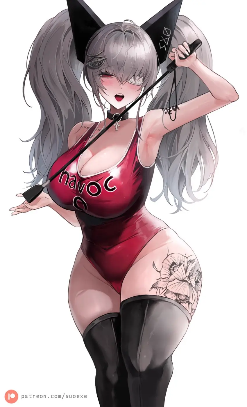 Image 1girls,breasts,female,grey_hair,hi_res,light-skinned_female,light_skin,long_hair,red_eyes,simple_background,cat_ears,huge_breasts,one-piece_swimsuit,swimsuit,original,original_character,twintails,eyepatch,suou-sensei
