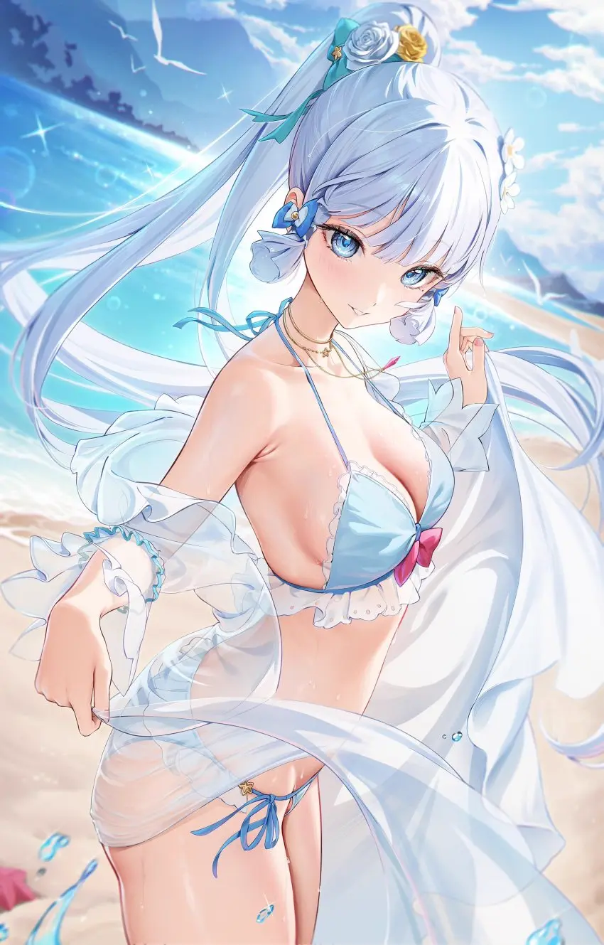 Image 1girls,breasts,female,female_only,highres,light-skinned_female,light_skin,long_hair,looking_at_viewer,ribbon_in_hair,solo,standing,blue_eyes,blue_hair,bikini,female_focus,ponytail,beach,smiling,smiling_at_viewer,water,flower_in_hair,ocean,sky,cleavage,side_view,solo_female,2d,medium_breasts,swimsuit,genshin_impact,hourglass_figure,alternate_costume,sand,2d_(artwork),blue_bikini,thong,long_ponytail,younger_female,day,ribbons,summer,hoyoverse,clouds,thong_bikini,two_piece_swimsuit,kamisato_ayaka,mountains,flowers,slim_figure,houkiboshi_(mmjw7432),seagulls