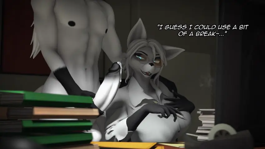 Image 1girls,female,hi_res,1boy,male,penis,duo,glasses,anthro,naked,absurd_res,hand_on_shoulder,3d,canid,canine,mammal,precum,fox,white_fur,naked_male,holding_penis,source_filmmaker,hand_on_penis,distracted,domibun,abby_(domibun),leon_(domibun)