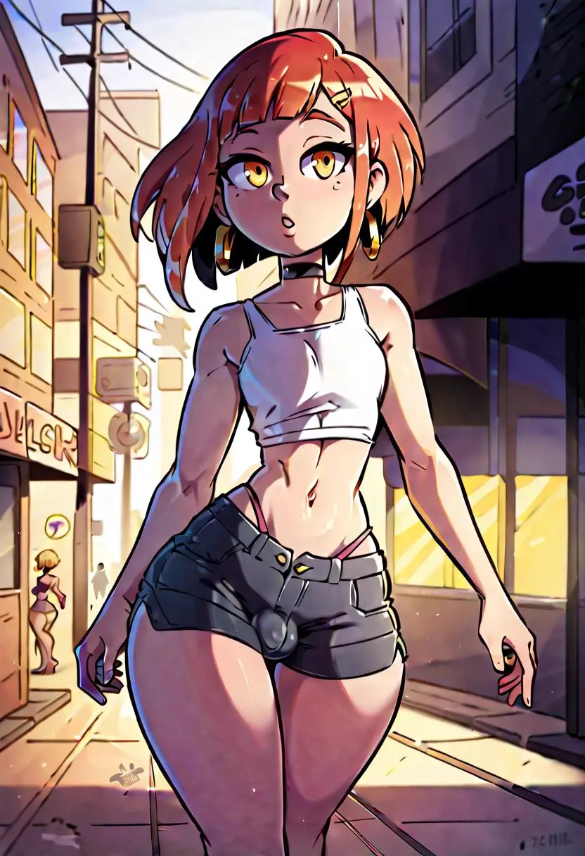 Image solo,1boy,male,choker,red_hair,hoop_earrings,ai_generated,femboy,trap,midriff,bulge,shorts,oc,feminine_male,girly,tank_top,g-string,day,androgynous,daytime,raised_eyebrows,booty_shorts,hair_clip,amber_eyes,artistatworst,whale_tail,nadia_banks