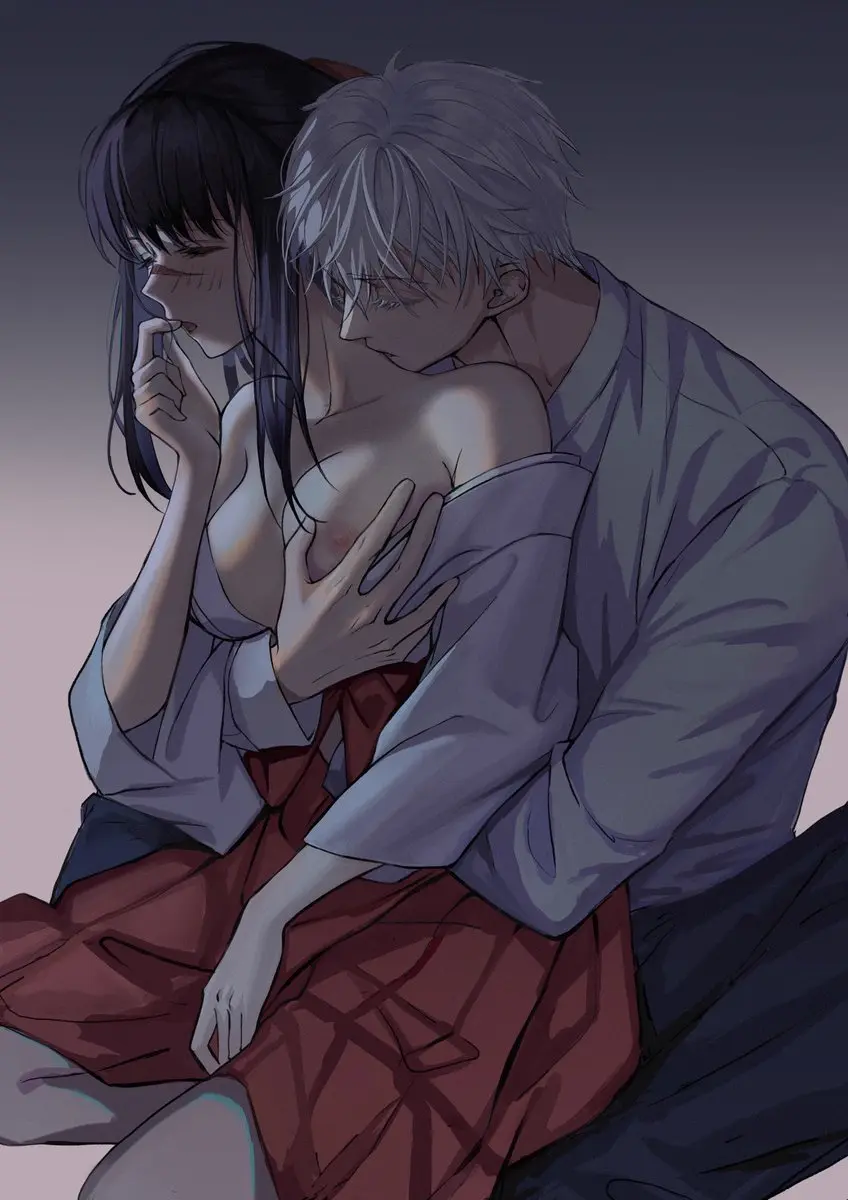 Image 1girls,blush,clothed,female,white_hair,1boy,black_hair,male,scar,hakama,clothed_sex,jujutsu_kaisen,before_sex,hand_on_breast,japanese_clothes,neck_bite,satoru_gojo,utahime_iori