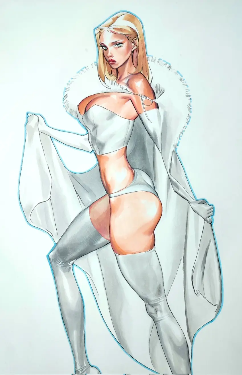 Image big_breasts,breasts,female,female_only,blue_eyes,thighhighs,panties,ass,bubble_butt,thick_thighs,cleavage,lingerie,tan_body,blonde_hair,curvy,curvy_female,tanned_skin,tanned_female,curvaceous,corset,marvel,marvel_comics,x-men,emma_frost,hellfire_club,white_queen,celal_kok,opera_gloves