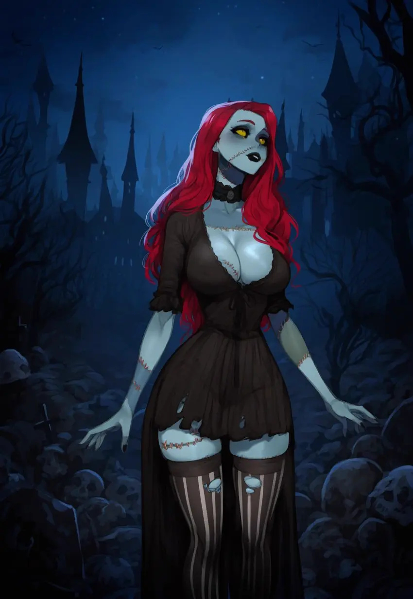 Image breasts,female,large_breasts,red_hair,ai_generated,green_skin,original,original_character,slender_waist,stitches,zombie,zombie_girl,fantasy,undead,stitched,patchwork_skin,pumpkinseed