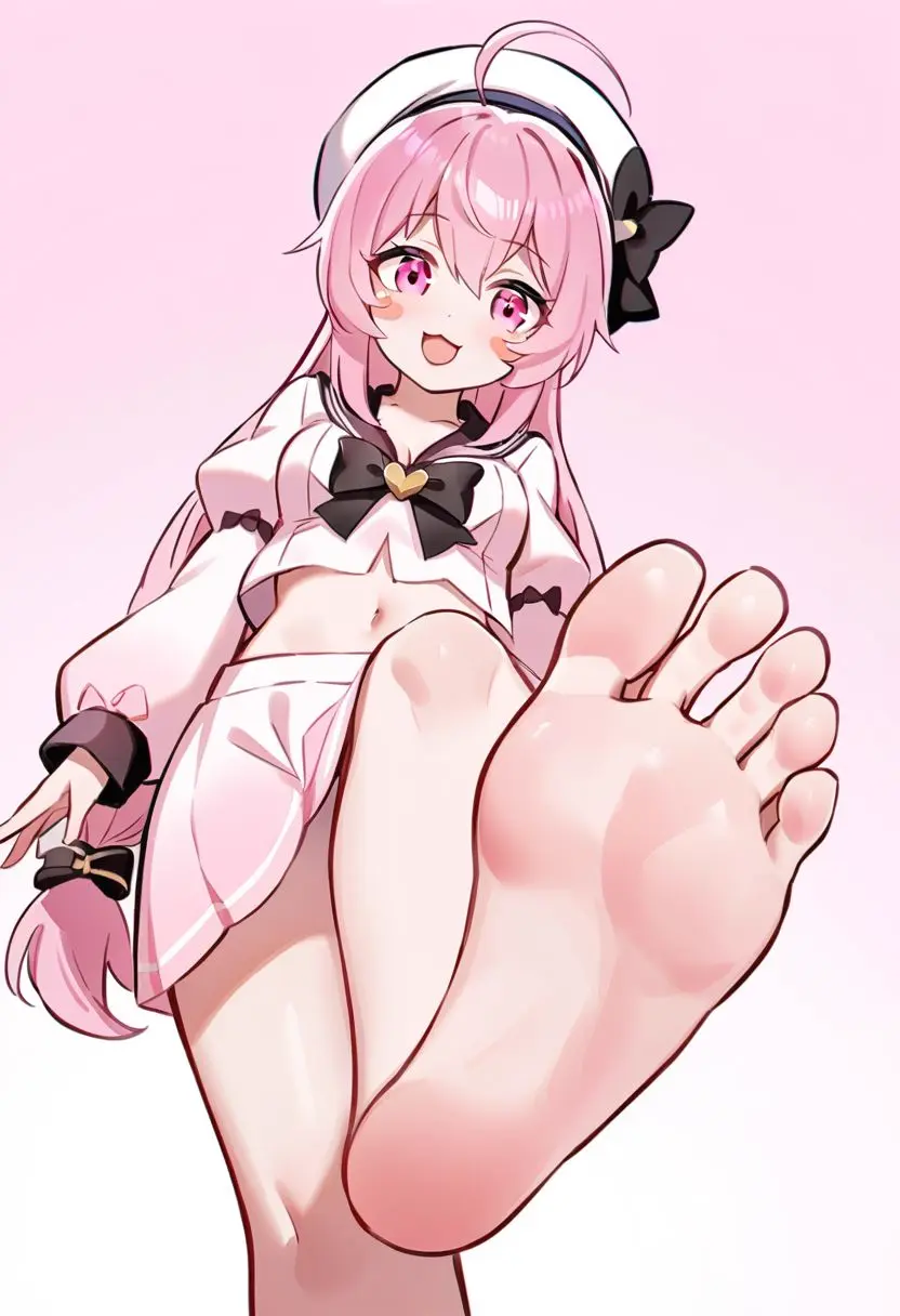 Image 1girls,blush,breasts,female,hair_ornament,looking_at_viewer,pussy,voluptuous,feet,ai_generated,pink_hair,feet_up,voluptuous_female,hair_ribbon,from_below,beret,stomping,white_headwear,avi_(sbubby),sbubby,visiuun,imminent_stomp,stomp
