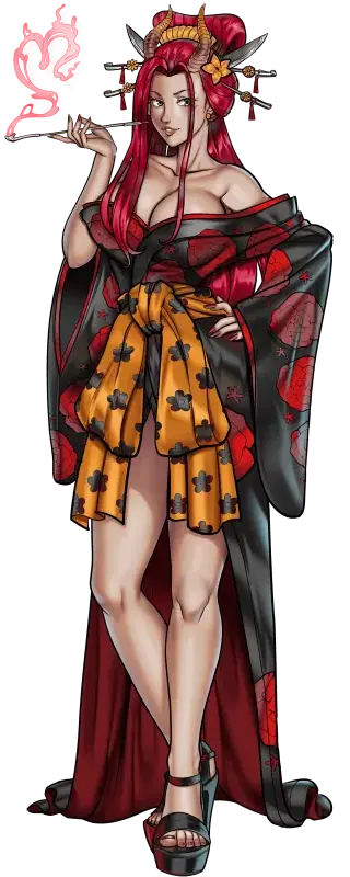 Image breasts,female,female_only,large_breasts,red_hair,one_piece,horns,cleavage,gigantic_breasts,artist_request,high_heels,platform_heels,horn,kimono,cigarette_holder,beast_pirates,kiseru,wano_country,black_maria,crimson_danielle_(hentai_heroes),hentai_heroes,hentai_heroes_character,nihongami,oiran