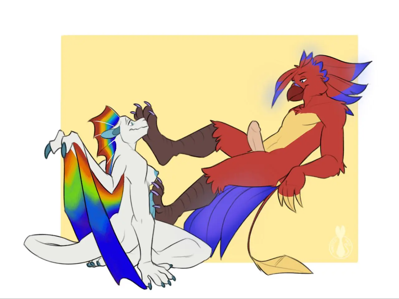 Image breasts,nipples,simple_background,male,nude,penis,duo,erection,futanari,humanoid_penis,intersex,kneeling,feet,digital_media_(artwork),feathers,wings,anthro,foot_fetish,mythology,european_mythology,greek_mythology,genitals,blue_nipples,non-mammal_breasts,looking_at_another,eye_contact,5_fingers,2024,white_body,scalie,avian,fingers,humanoid_genitalia,toes,gynomorph,mythological_creature,dragon,mythological_scalie,western_dragon,blue_penis,intersex/male,humanoid_hands,red_body,foot_play,4_toes,floating,frill_(anatomy),head_crest,head_frill,membrane_(anatomy),foot_on_penis,gynomorph/male,kneeling_on_ground,red_feathers,mythological_avian,membranous_frill,foot_on_face,mythological_bird,mythological_firebird,phoenix,rainbow_frill,rainbow_wings,shira_frozenmoon,smutzkii,sora_iro,winged_hands