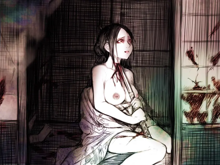 Image breasts,female,highres,large_breasts,nipples,open_clothes,open_mouth,red_eyes,short_hair,collarbone,solo_focus,sitting,original,1other,blood,monochrome,commentary_request,holding,holding_weapon,weapon,kimono,floral_print,on_ground,sword,spot_color,japanese_clothes,gore,sliding_doors,holding_sword,katana,death,guro,female_death,stab,suicide,disorder!,blood_on_ground,seppuku,shouji
