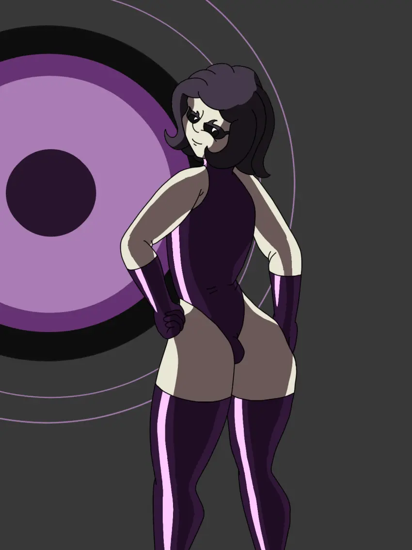 Image male,femboy,pale_skin,purple_hair,latex,black_eyes,femboy_only,latex_gloves,latex_thighhighs,latex_bodysuit,pale-skinned_femboy
