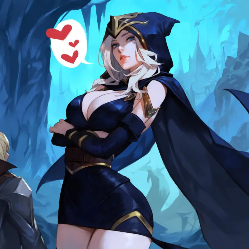 Image female,ai_generated,blonde_hair,dress,pale_skin,miniskirt,league_of_legends,arms_crossed,ashe_(league_of_legends),pumpkinseed