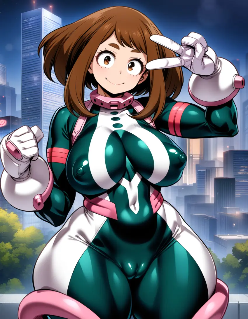 Image 1girls,breasts,brown_eyes,female,large_breasts,looking_at_viewer,smile,solo,gloves,short_hair,thick_thighs,thighs,wide_hips,sky,ai_generated,covered_nipples,my_hero_academia,ochako_uraraka,curvy,brown_hair,cameltoe,outdoors,night,boku_no_hero_academia,closed_mouth,white_gloves,covered_navel,bodysuit,puffy_nipples,v,multicolored_clothes,city,skin_tight,erect_nipples_under_clothes,cityscape,uraraka_ochako,building,superhero,impossible_bodysuit,multicolored_bodysuit,green_bodysuit