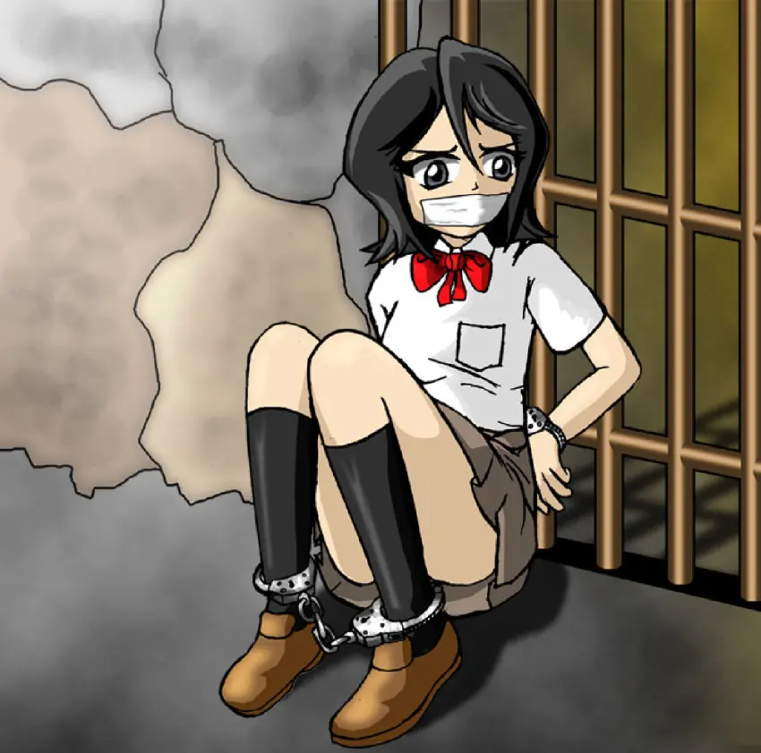 Image 1girls,female,female_only,solo,black_hair,sitting,grey_eyes,bondage,bleach,hands_behind_back,kuchiki_rukia,gag,gagged,handcuffed,tape_gag,d-mizton,handcuffs_on_ankles
