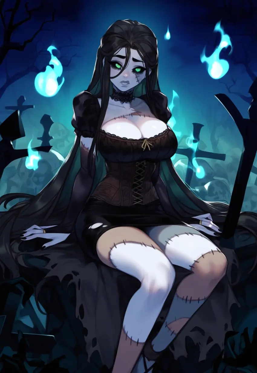 Image breasts,female,large_breasts,ai_generated,dress,original,original_character,goth,goth_girl,stitches,zombie,zombie_girl,grumpy,stitched,patchwork_skin,pumpkinseed,moody