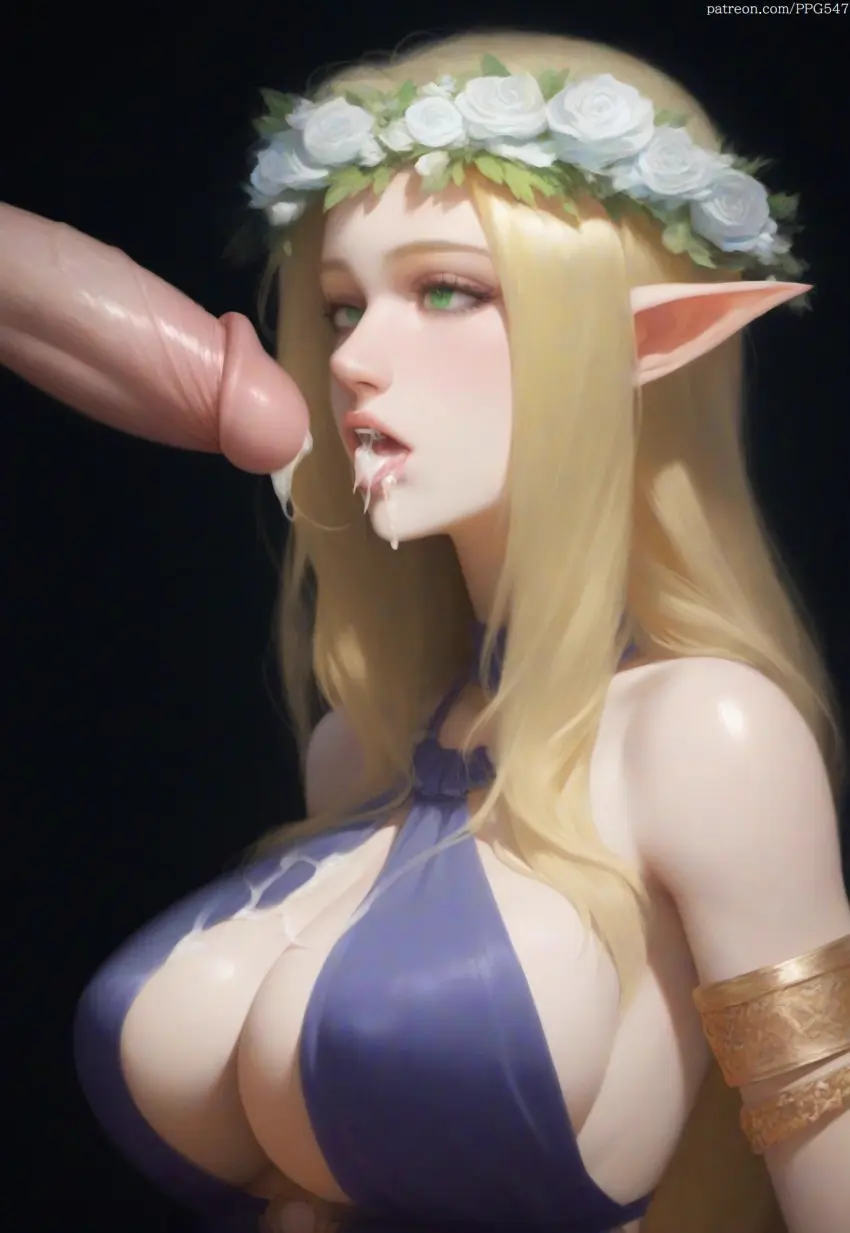 Image breasts,female,long_hair,simple_background,cum,cum_in_mouth,cum_on_tongue,penis,sidelocks,ai_generated,bare_shoulders,cleavage,sideboob,huge_breasts,blonde_hair,green_eyes,elf,pointy_ears,nai_diffusion,pujopg,torogao,after_fellatio,revealing_clothes,large_penis,armlet,cum_on_clothes,kuroinu_~kedakaki_seijo_wa_hakudaku_ni_somaru~,celestine_lucross,head_wreath
