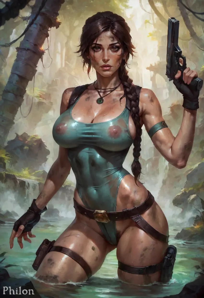 Image 1girls,breasts,brown_eyes,cowboy_shot,female,large_breasts,long_hair,looking_at_viewer,nipples,parted_bangs,solo,standing,black_gloves,gloves,thick_thighs,thighs,dark_skin,muscular,water,ai_generated,bare_shoulders,cleavage,collarbone,covered_nipples,jewelry,stable_diffusion,one-piece_swimsuit,swimsuit,lips,wet,necklace,brown_hair,dark-skinned_female,braid,pubic_hair,cameltoe,skindentation,outdoors,impossible_clothes,see-through,holding,makeup,belt,covered_navel,dirty,female_pubic_hair,nipples_visible_through_clothing,fingerless_gloves,highleg,holding_weapon,single_braid,thigh_strap,weapon,nature,wet_clothes,day,taut_clothes,wet_swimsuit,toned,rock,ruins,jungle,gun,groin,thigh_holster,philon,holding_gun,thigh_pouch,river,arm_strap,wading,lara_croft,tomb_raider,hair_over_shoulder,waterfall,handgun,pendant,long_braid,holster,highleg_swimsuit,covered_abs,finger_on_trigger,trigger_discipline