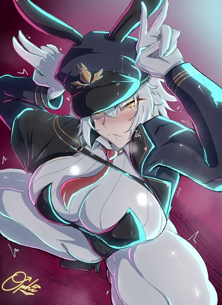 Image 1girls,big_breasts,blush,breasts,clothed,clothing,female,female_only,light-skinned_female,light_skin,looking_at_viewer,solo,white_hair,yellow_eyes,hat,virtual_youtuber,clothed_female,solo_female,2d,pale-skinned_female,pale_skin,pose,bunny_ears,glowing_eyes,2d_(artwork),light-skinned,military_uniform,tie,vshojo,zentreya,bunny_pose,ophimon