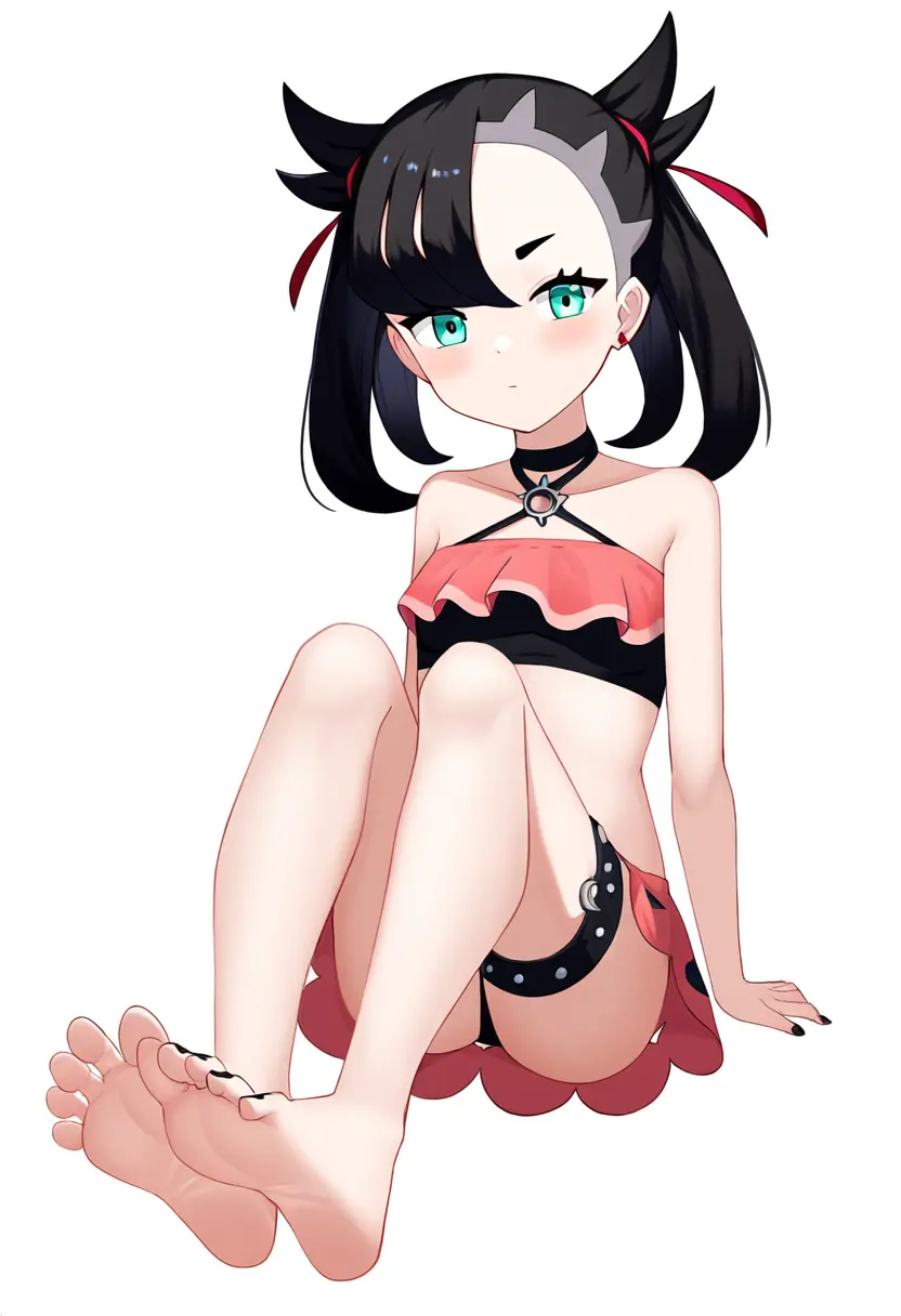 Image 1girls,female,light-skinned_female,white_background,black_hair,pokemon,choker,bikini,barefoot,ai_generated,swimsuit,nail_polish,nai_diffusion,aqua_eyes,light-skinned,black_nails,pokemon_ss,pokemon_masters,marnie_(pokemon),summer_marnie_(pokemon_masters)