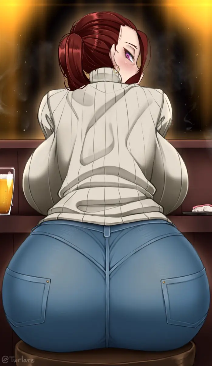 Image 1girls,breasts,female,looking_at_viewer,solo,red_hair,ass,huge_ass,huge_breasts,tagme,artist_request,rear_view,sweater,jeans,beer,sushi
