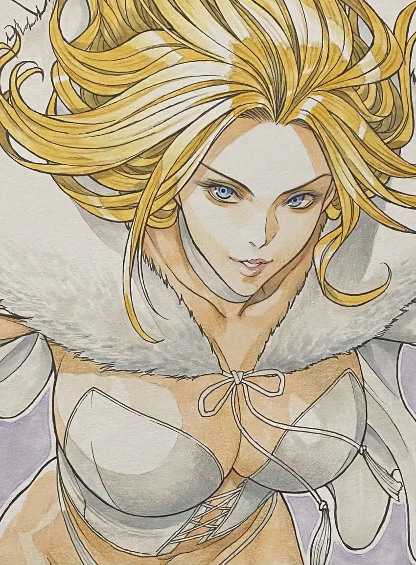 Image breasts,female,large_breasts,looking_at_viewer,blue_eyes,navel,panties,colored,cleavage,color,gigantic_breasts,blonde_hair,cape,corset,marvel,marvel_comics,x-men,pencil_(artwork),looking_up,emma_frost,hellfire_club,white_queen,homare_works