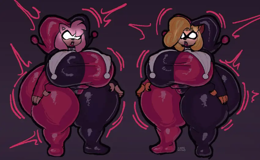 Image breasts,female,female_only,large_breasts,2girls,ass,female_focus,thick_thighs,thighs,wide_hips,hips,pink_hair,hyper_breasts,blonde_hair,glowing_eyes,dc,dc_comics,shortstack,amy_rose,sega,sonic_(series),sonic_the_hedgehog_(series),large_ass,hyper_ass,hyper,white_eyes,mind_control,drone,coco_bandicoot,crash_(series),droneification,eye_mask,jester_outfit,jester_hat,drone_suit,dronesuit,harley_quinn_(cosplay),iaredumbo