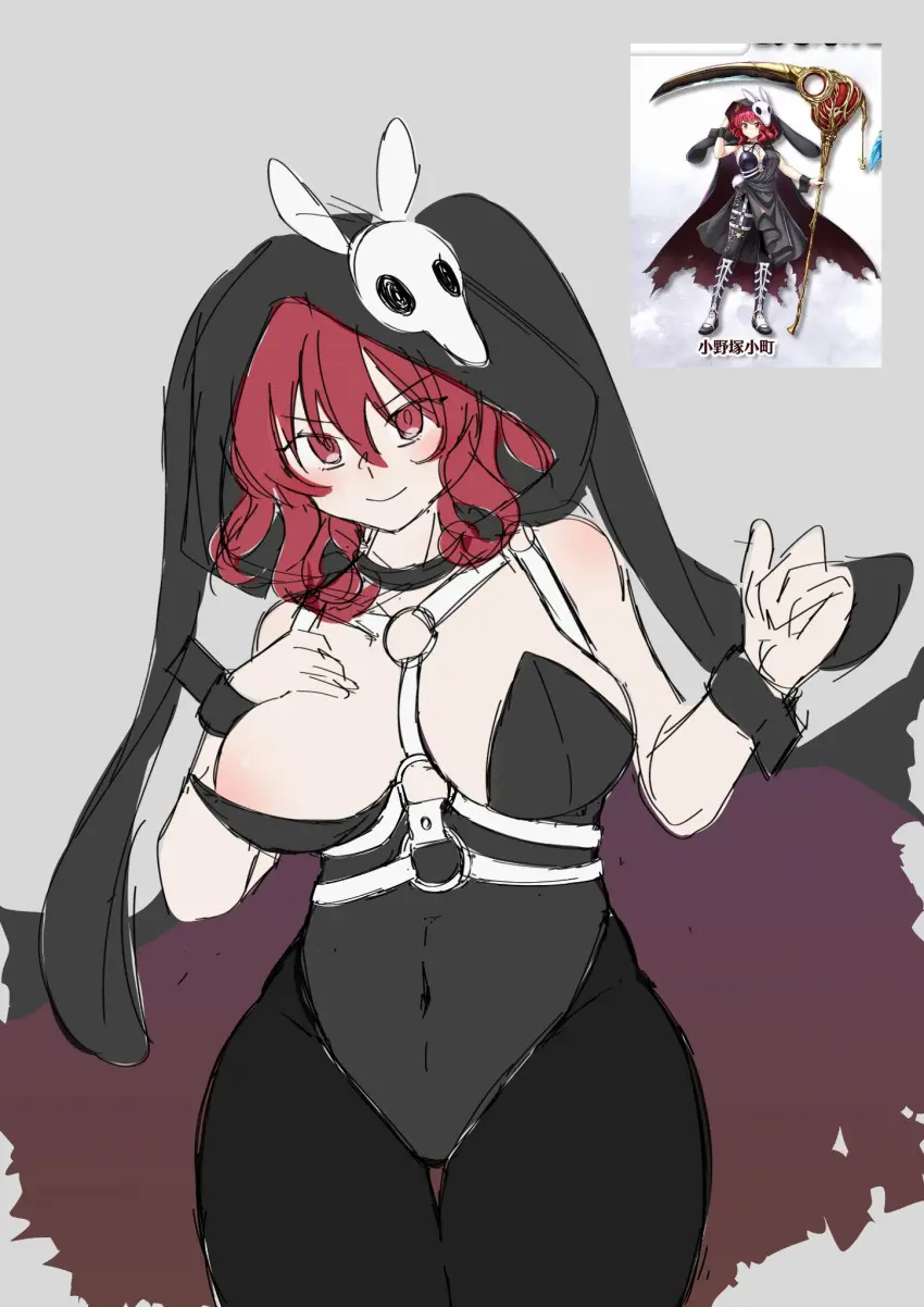 Image 1girls,breasts,female,large_breasts,looking_at_viewer,red_eyes,simple_background,smile,solo,touhou,short_hair,red_hair,rabbit_ears,closed_mouth,bunnysuit,grey_background,hood,areola_slip,two_side_up,black_pantyhose,hair_bobbles,black_leotard,reference_image,komachi_onozuka,onozuka_komachi,kohima_khm,touhou_lost_word,touhou_lostword