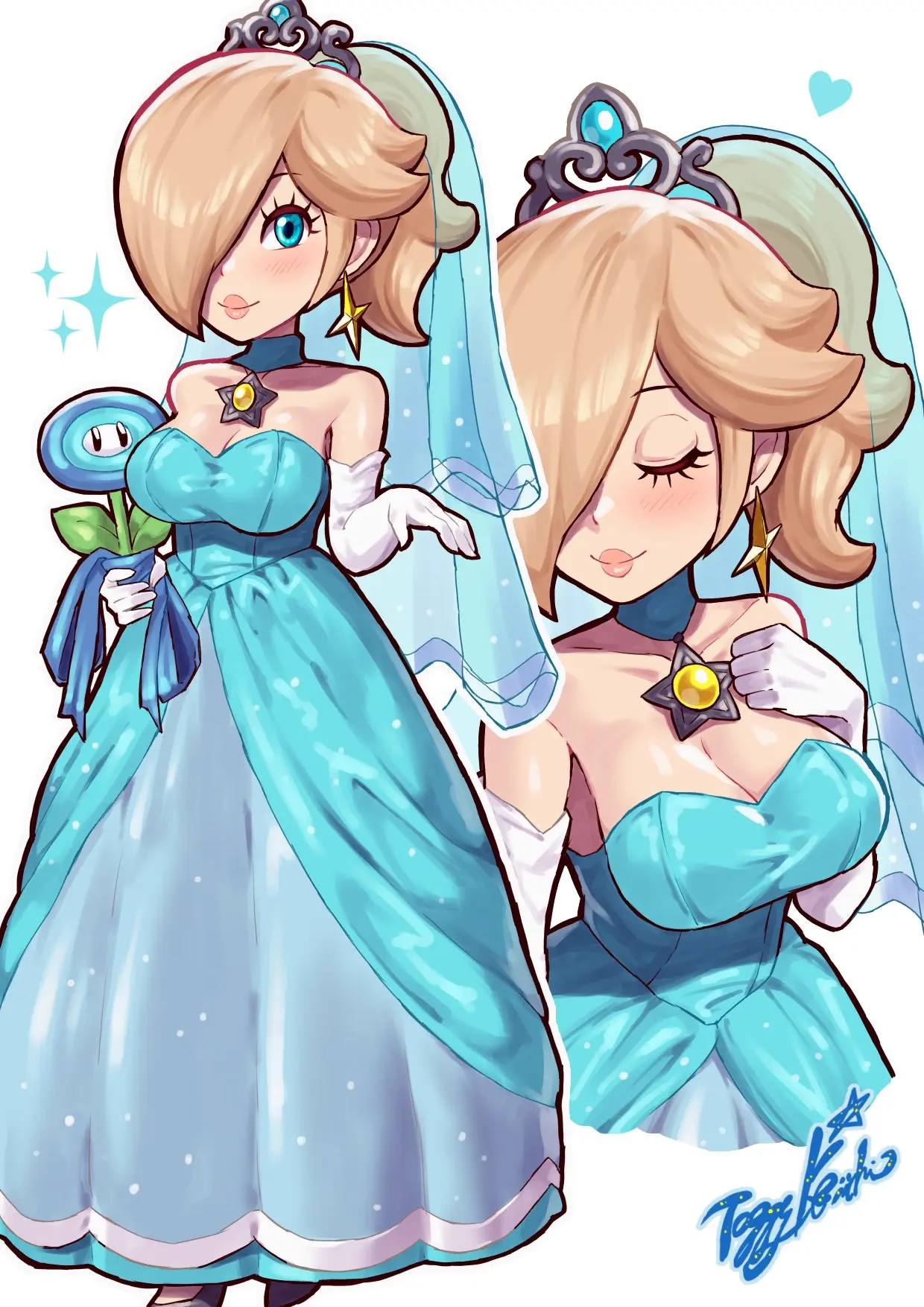 Image 1girls,breasts,female,female_only,solo,blue_eyes,blonde_hair,mario_(series),nintendo,bridal_veil,super_mario_galaxy,princess_rosalina,bridal_gown,ice_flower,princess_peach_(cosplay),super_mario_odyssey,wedding_peach_(super_mario_odyssey)_(cosplay),yamino_ekakinin