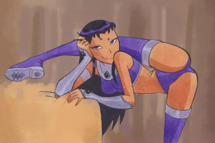 Image 1girls,female,female_only,long_hair,looking_at_viewer,black_hair,panties,ass,thighs,spread_legs,dc,dc_comics,flexible,teen_titans,purple_panties,no_skirt,blackfire,stuff18over