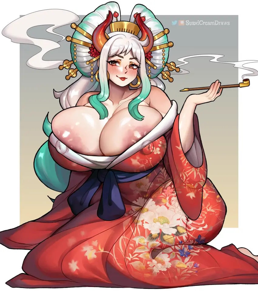 Image 1girls,breasts,female,female_only,hair_ornament,light-skinned_female,light_skin,long_hair,smile,white_hair,thick_thighs,one_piece,yamato_(one_piece),areolae,cleavage,huge_breasts,large_areolae,big_areola,kimono,areola_slip,naughty_face,japanese_clothes,huge_areolae,kiseru,nihongami,oiran,suavicreamdraws