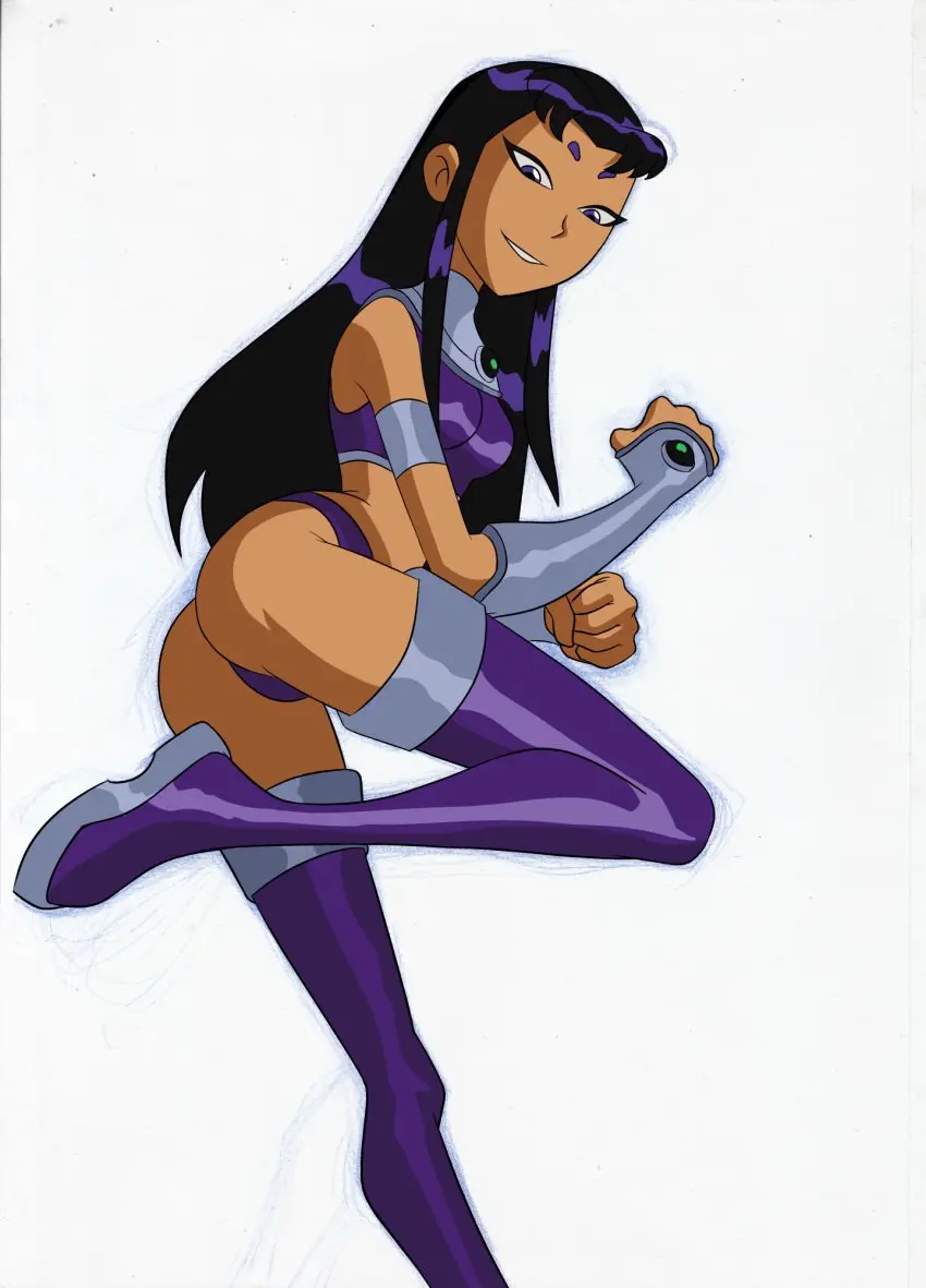 Image 1girls,breasts,female,female_only,long_hair,simple_background,solo,white_background,black_hair,panties,ass,solo_female,medium_breasts,purple_eyes,accurate_art_style,curvy,curvy_figure,dc,dc_comics,boots,teen_titans,thigh_boots,purple_panties,no_skirt,blackfire,purple_boots,stuff18over