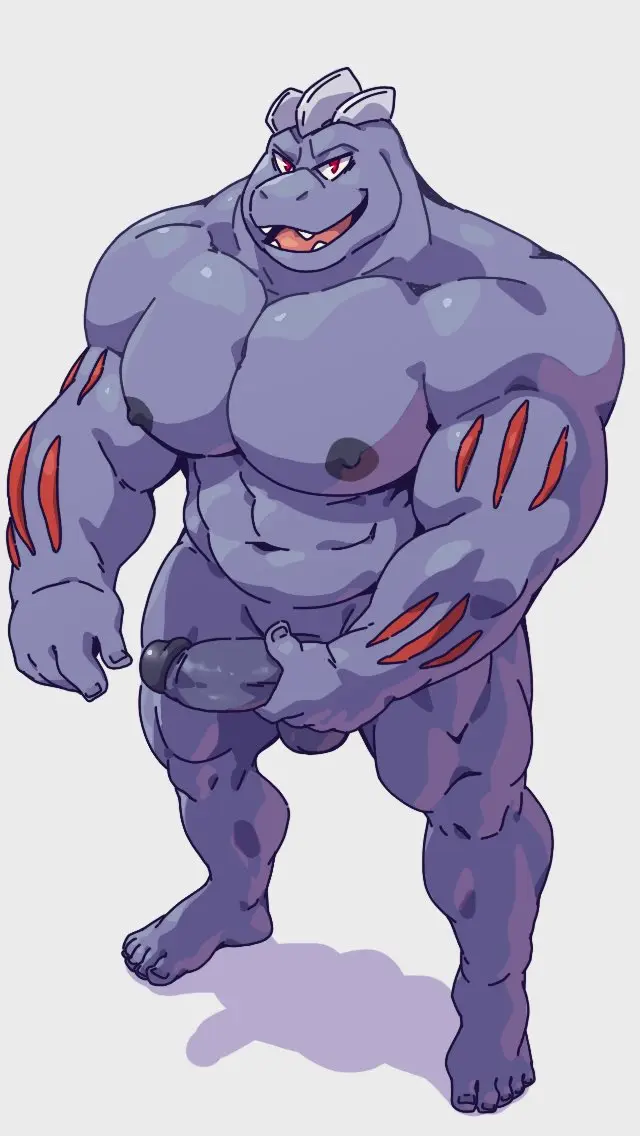 Image looking_at_viewer,nipples,red_eyes,simple_background,smile,solo,standing,male,penis,pokemon,pokemon_(species),muscular,muscular_male,male_only,shadow,teeth,balls,anthro,nintendo,genitals,grey_body,fangs,red_skin,machoke,red_body,generation_1_pokemon,holding_penis,grey_skin,looking_up,taoren