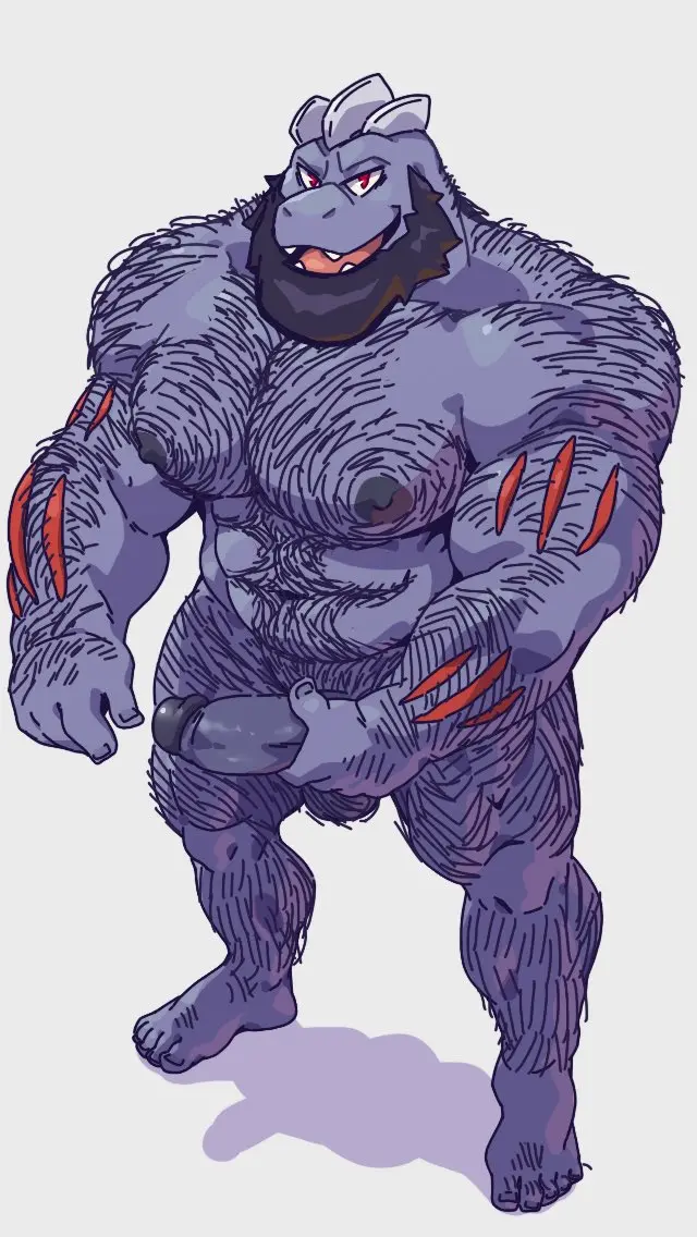 Image looking_at_viewer,nipples,red_eyes,simple_background,smile,solo,standing,male,penis,pokemon,pokemon_(species),muscular,muscular_male,male_only,shadow,teeth,balls,anthro,nintendo,genitals,grey_body,muscular_anthro,fangs,red_skin,pubes,beard,machoke,red_body,generation_1_pokemon,facial_hair,arm_hair,body_hair,holding_penis,grey_skin,looking_up,chest_hair,leg_hair,taoren,shoulder_hair