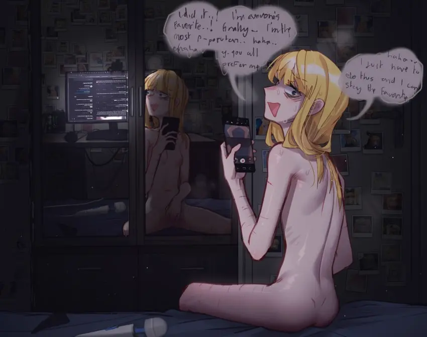 Image blush,breasts,female,highres,long_hair,looking_at_viewer,nipples,smile,absurdres,blue_eyes,navel,nude,sweat,ass,small_breasts,blonde_hair,completely_nude,spread_legs,sitting,original,back,masturbation,sex_toy,female_masturbation,:d,english_text,monitor,scar,commentary,vibrator,english_commentary,can,reflection,hitachi_magic_wand,desk,monster_energy,photo_(object),keyboard_(computer),blonde_girl_(popopoka),erika_(popopoka),popopoka,mouse_(computer)