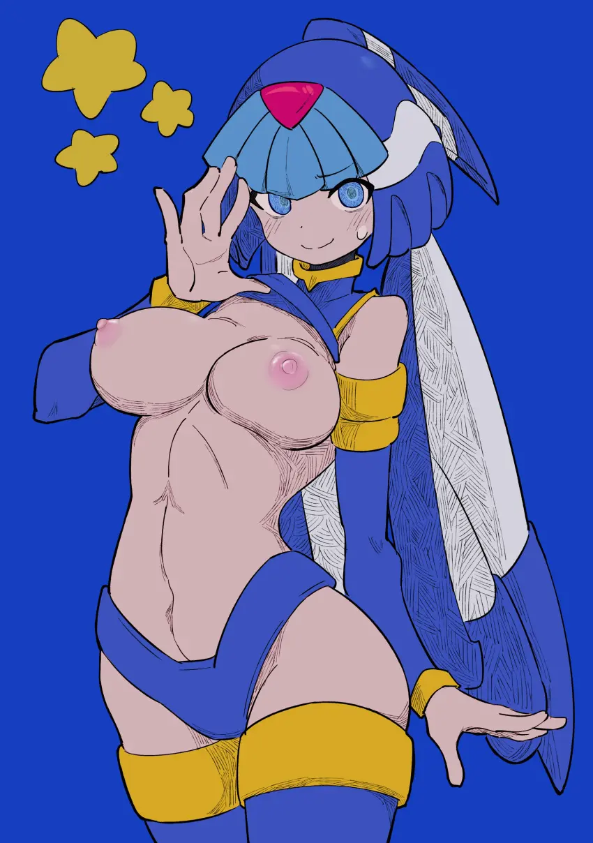 Image breasts,female,nipples,blue_eyes,blue_background,thighs,smiling,capcom,mega_man,buzzlyears,fairy_leviathan,mega_man_zero,reploid