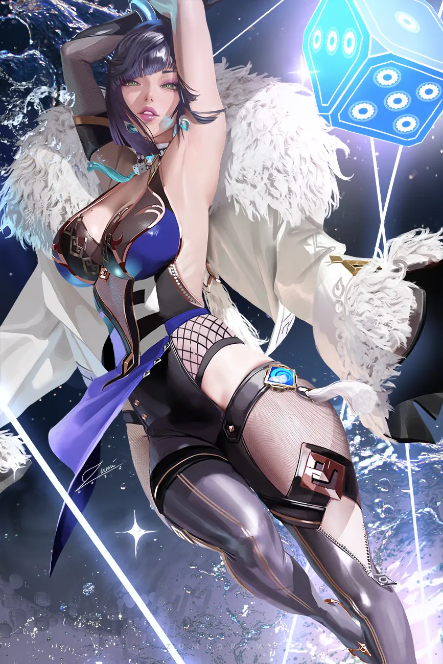 Image 1girls,big_breasts,breasts,female,looking_at_viewer,blue_hair,short_hair,thick_thighs,voluptuous,armpits,arms_up,tagme,green_eyes,genshin_impact,bob_cut,yelan_(genshin_impact),zumi