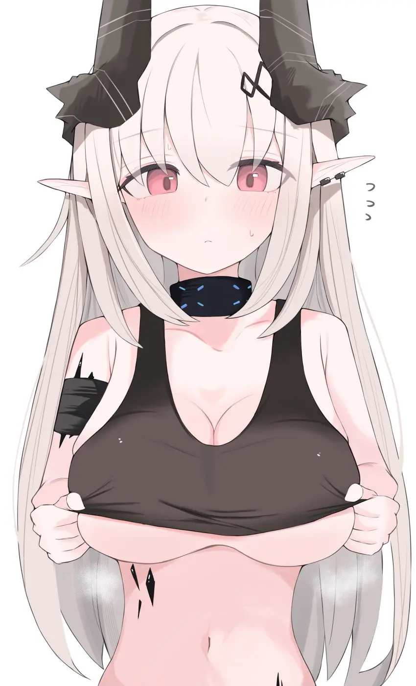 Image blush,breasts,female,grey_hair,hi_res,large_breasts,long_hair,simple_background,solo,white_background,navel,arknights,horns,midriff,piercing,infection_monitor_(arknights),pink_eyes,pointy_ears,sweatdrop,lifted_by_self,closed_mouth,upper_body,ear_piercing,2024,black_horns,flying_sweatdrops,material_growth,mudrock_(arknights),oripathy_lesion_(arknights),nui_(nuinui0300)