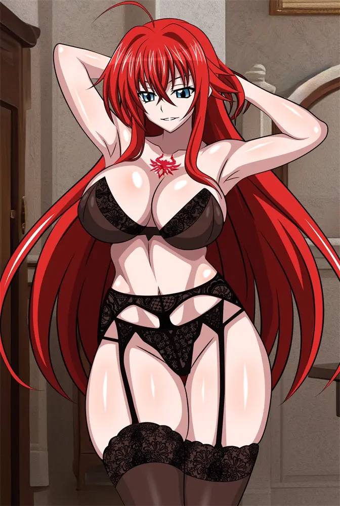 Image 1girls,big_breasts,breasts,female,solo,blue_eyes,red_hair,bra,panties,underwear,cleavage,lingerie,stockings,high_school_dxd,rias_gremory,yxyyxy,pin_up