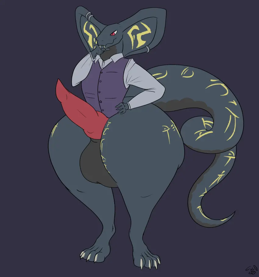 Image clothing,hi_res,penis,ass,big_butt,big_penis,thick_thighs,huge_cock,piercing,genitals,ear_piercing,hyper_penis,reptile,scalie,hyper,hyper_genitalia,snake,ear_ring,ring_piercing,suit,runes,iryn,iryn_(arbitgon)