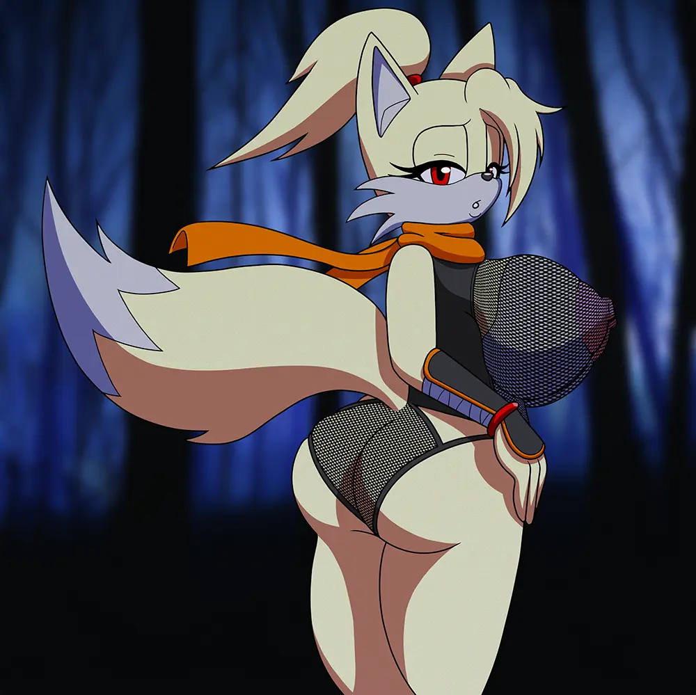 Image big_breasts,breasts,clothing,female,looking_at_viewer,tail,ass,looking_back,fox_tail,nipple_outline,ninja,handwear,scarf,looking_back_at_viewer,fishnet_clothing,warrior,miyuki_the_fox,sin_the_hedgehog,sinshadowed